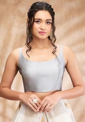 Women Grey Taffeta Silk Padded Readymade Saree Blouse