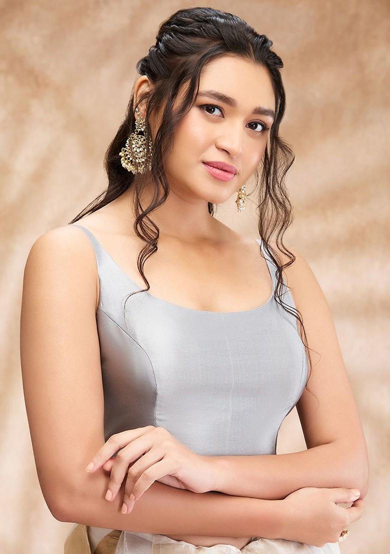 Women Grey Taffeta Silk Padded Readymade Saree Blouse