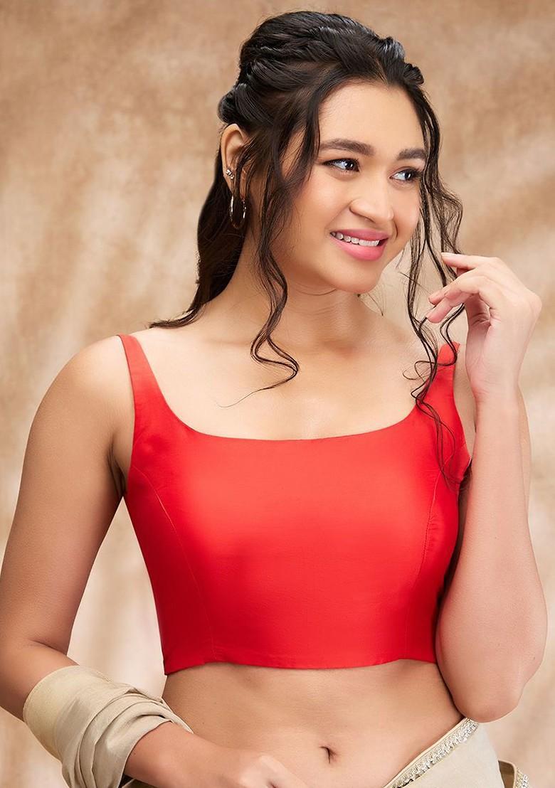 Women Red Taffeta Silk Solid Round Neck Saree Blouse