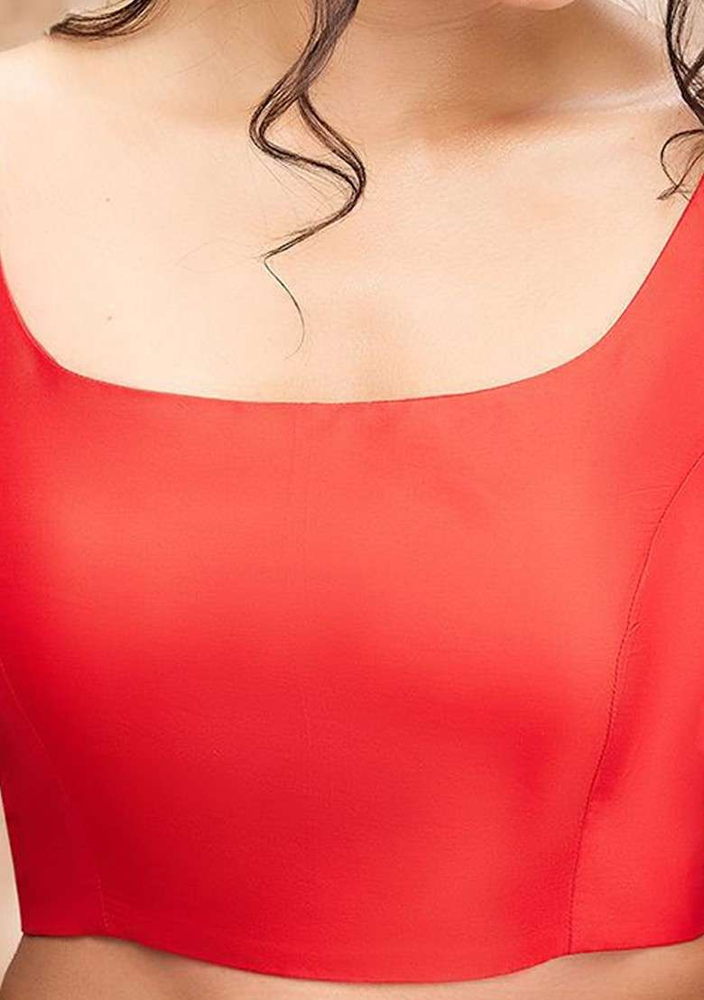 Women Red Taffeta Silk Solid Round Neck Saree Blouse - Indya