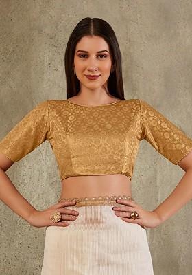 Floral Woven Design Boat Neck Brocade Saree Blouse
