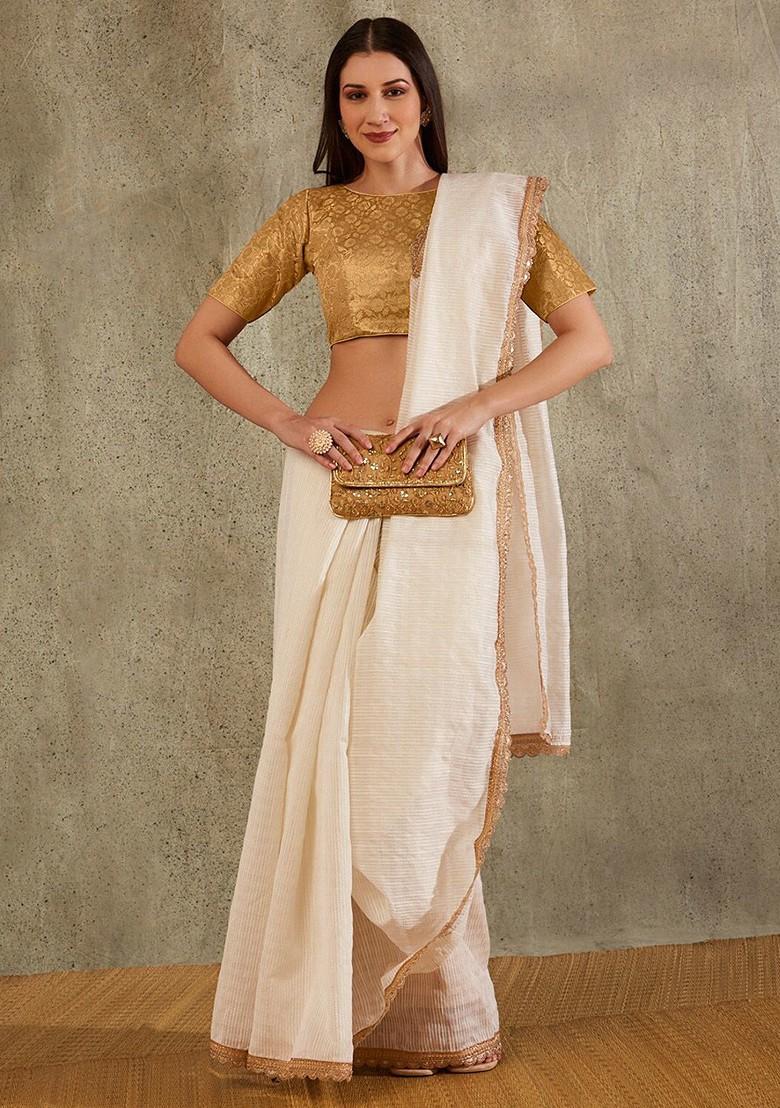 Floral Woven Design Boat Neck Brocade Saree Blouse