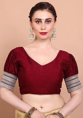 V Neck Embroidered Cotton Saree Blouse
