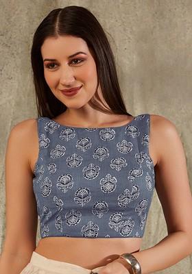 Block Printed Boat Neck Sleeveless Cotton Saree Blouse