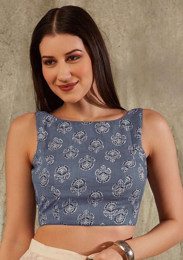 Block Printed Boat Neck Sleeveless Cotton Saree Blouse - Indya