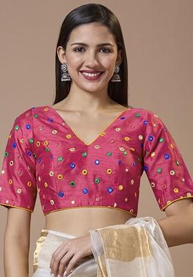 Mirror Work Embroidered V Neck Readymade Padded Blouse