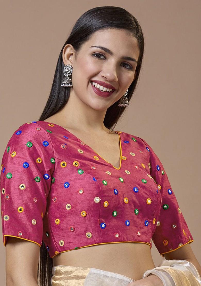 Mirror Work Embroidered V Neck Readymade Padded Blouse