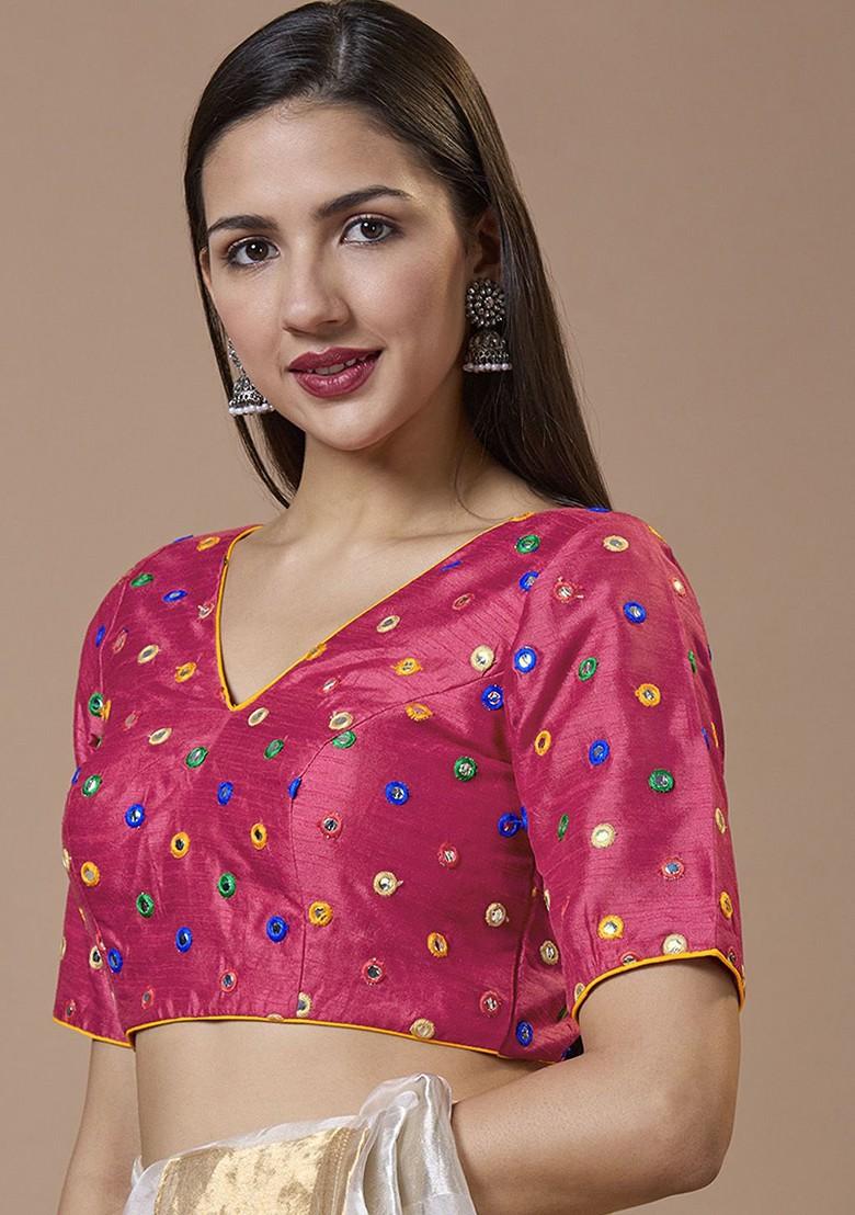 Mirror Work Embroidered V Neck Readymade Padded Blouse
