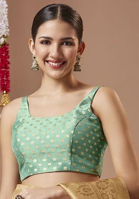 Brocade Round Neck Padded Sleeveless Spaghetti Strap Readymade Blouse