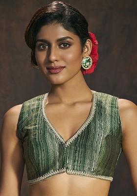 Women V Neck Woven Design Saree Blouse