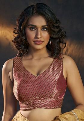 Woven Design Striped Silk Padded Saree Blouse