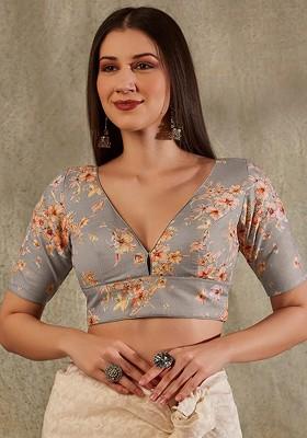 V Neck Floral Printed Cotton Saree Blouse
