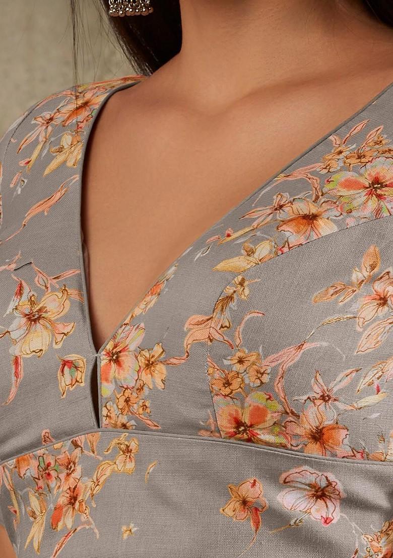 V Neck Floral Printed Cotton Saree Blouse