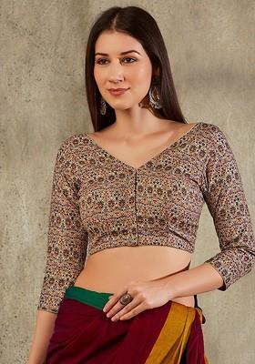 Floral Block Printed Cotton Saree Blouse