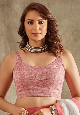 Woven Design Round Neck Sleeveless Cotton Saree Blouse