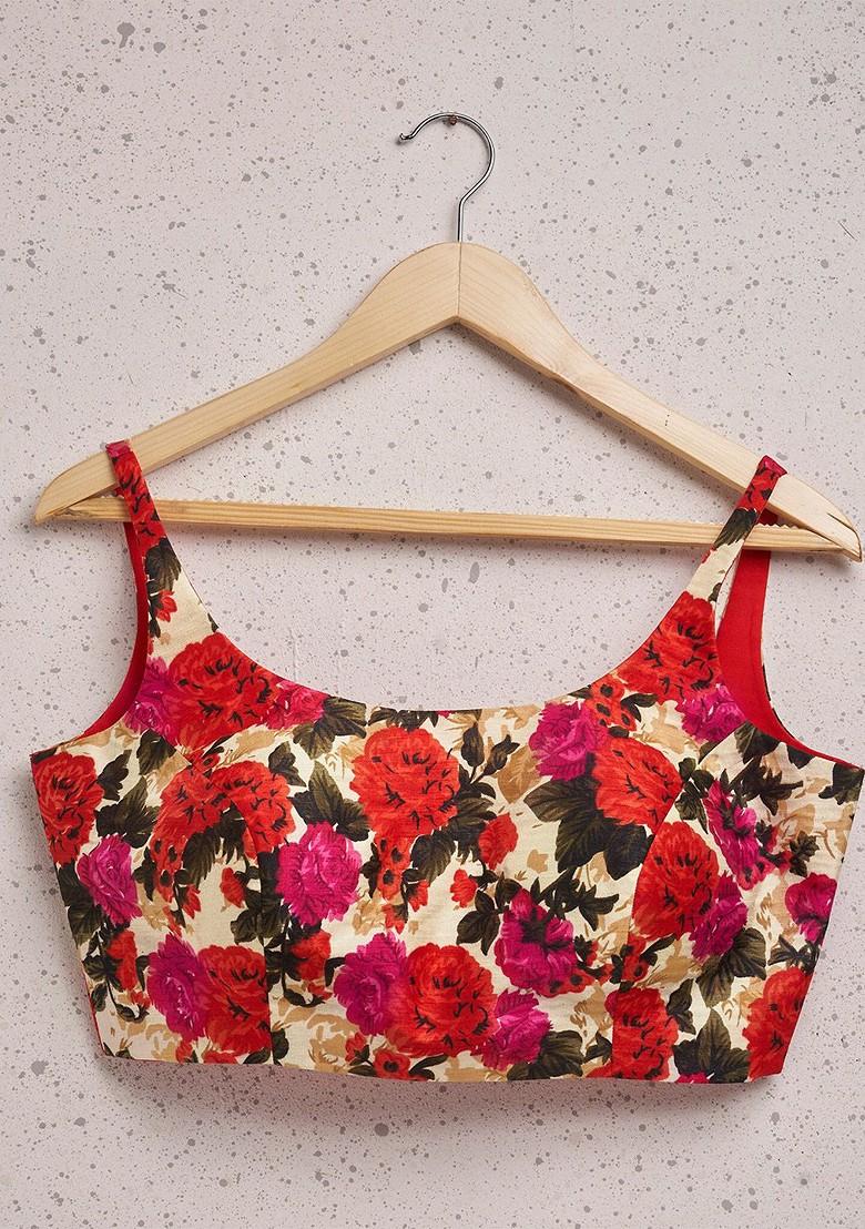 Floral Printed Silk Saree Blouse