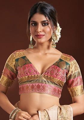 Woven Design V Neck Brocade Saree Blouse