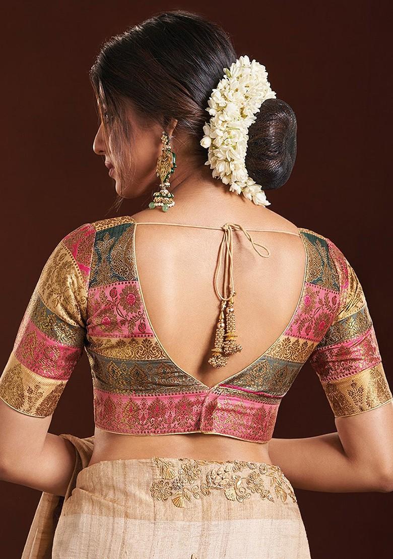 Woven Design V Neck Brocade Saree Blouse