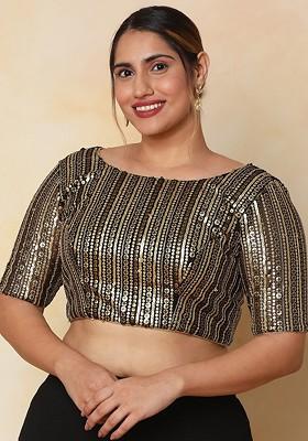 Women Plus Size Embellished Boat Neck Saree Blouse