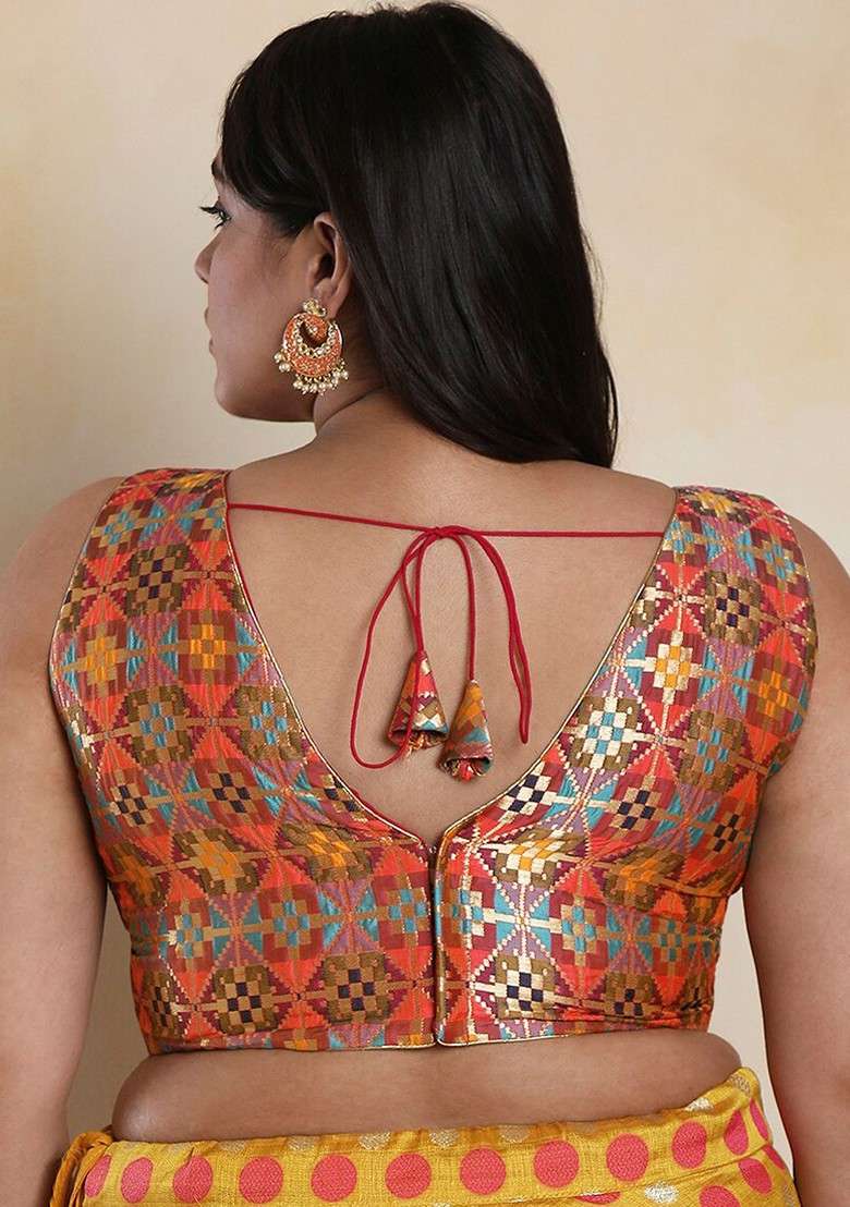 V Neck Woven Design Brocade Readymade Saree Blouse With Tie Ups - Indya
