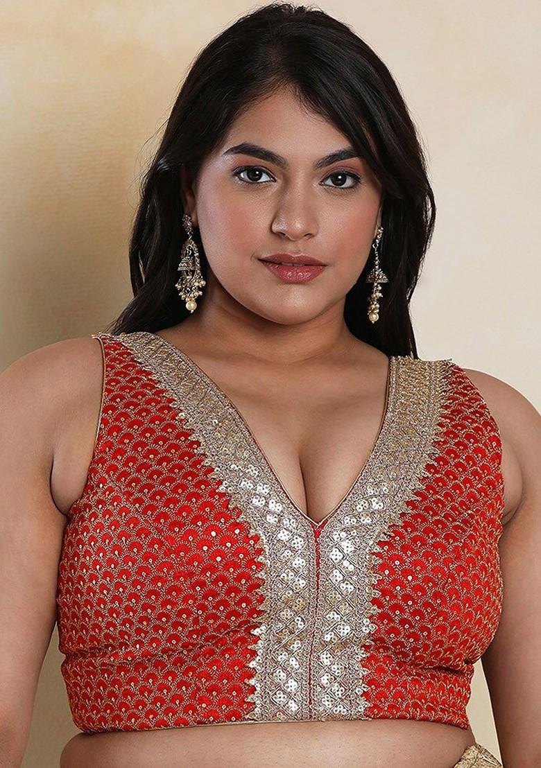 Sequinned V Neck Silk Readymade Saree Blouse