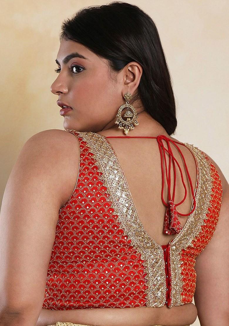 Sequinned V Neck Silk Readymade Saree Blouse