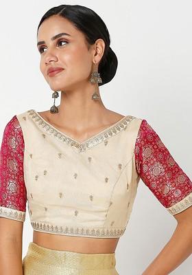 Women Beige And Pink Oraganza Embroidered Readymade Saree Blouse