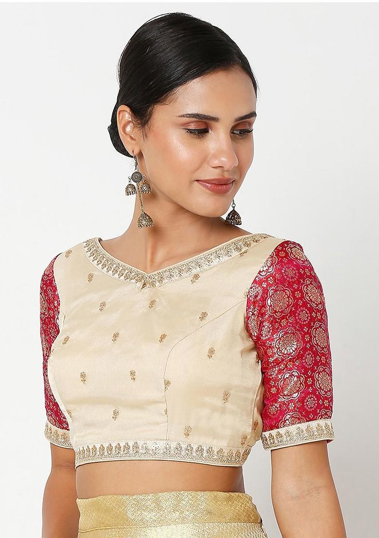 Women Beige And Pink Oraganza Embroidered Readymade Saree Blouse