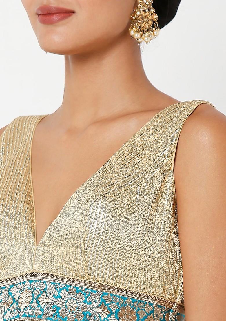 Women Gold Coloured Banarasi Self Design Readymade Saree Blouse