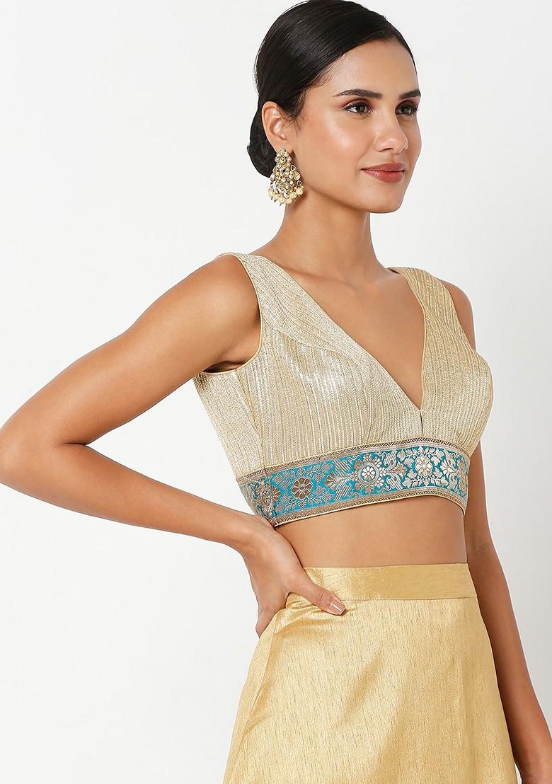 Women Gold Coloured Banarasi Self Design Readymade Saree Blouse