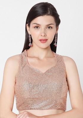 Women Peach Coloured Sequence Self Design Readymade Saree Blouse