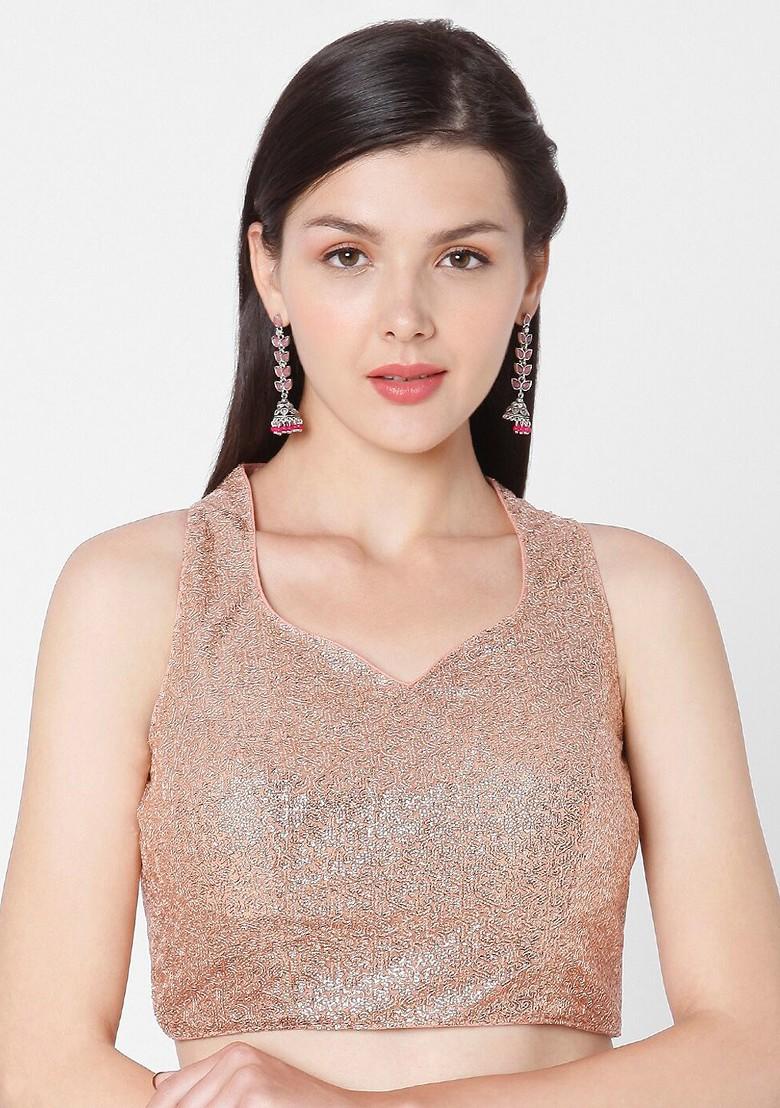 Women Peach Coloured Sequence Self Design Readymade Saree Blouse