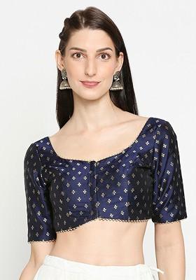 Women Navy Blue Woven Design Saree Blouse