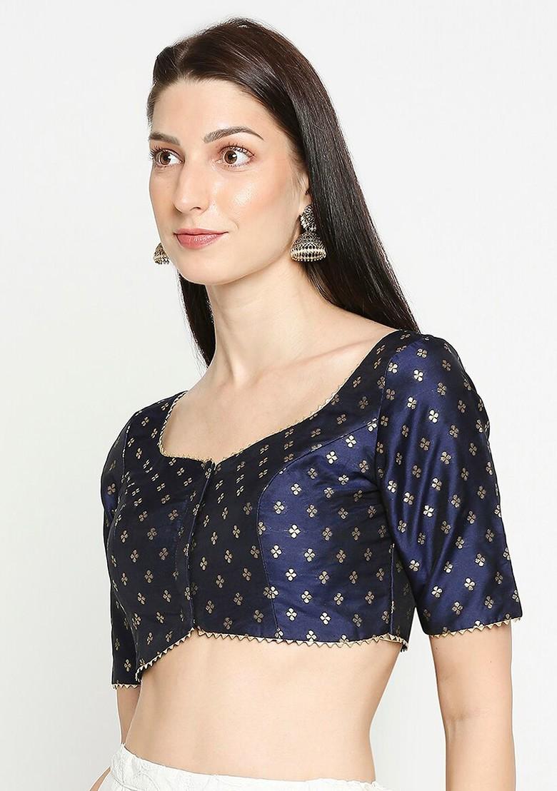 Women Navy Blue Woven Design Saree Blouse