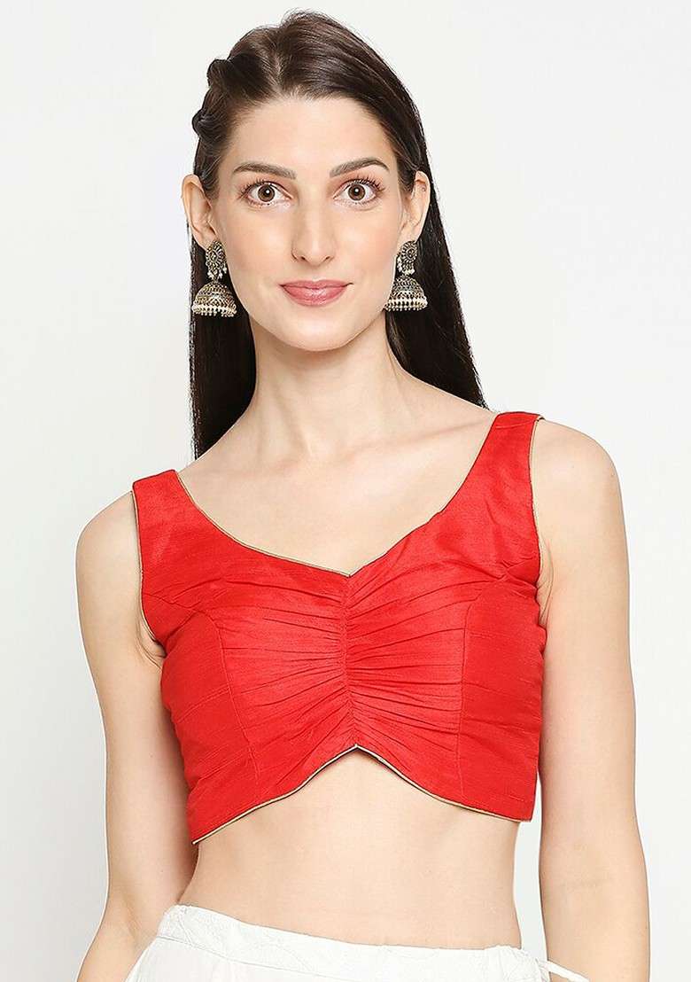 Red Solid Mulbury Silk Readymade Saree Blouse - Indya