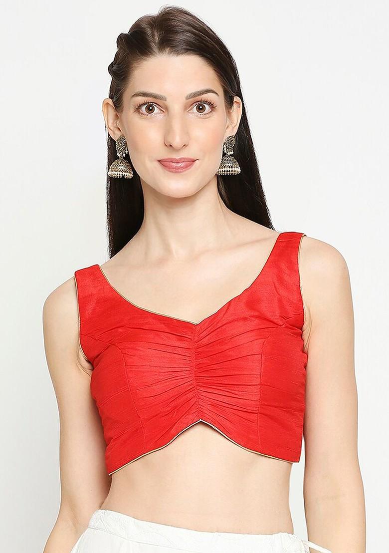Red Solid Mulbury Silk Readymade Saree Blouse