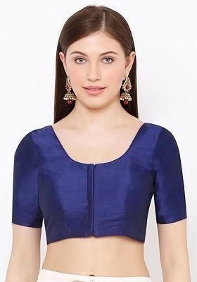 Women Navy Blue Solid Readymade Mulberry Silk Saree Blouse