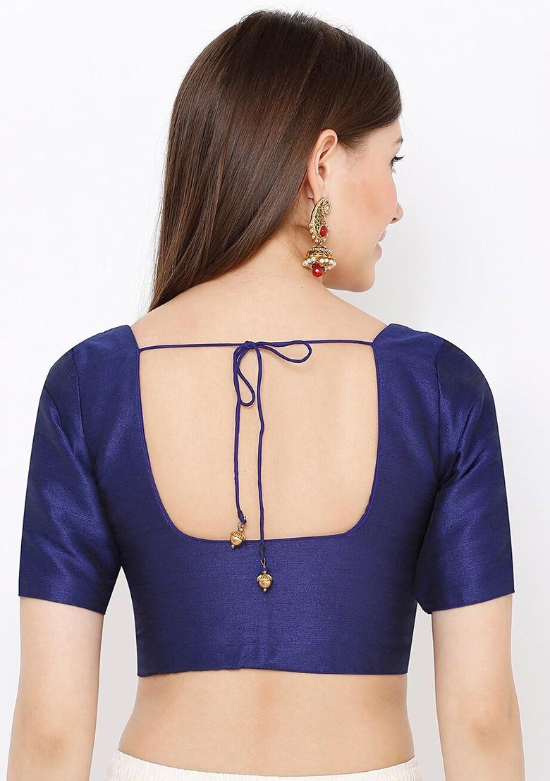 Women Navy Blue Solid Readymade Mulberry Silk Saree Blouse