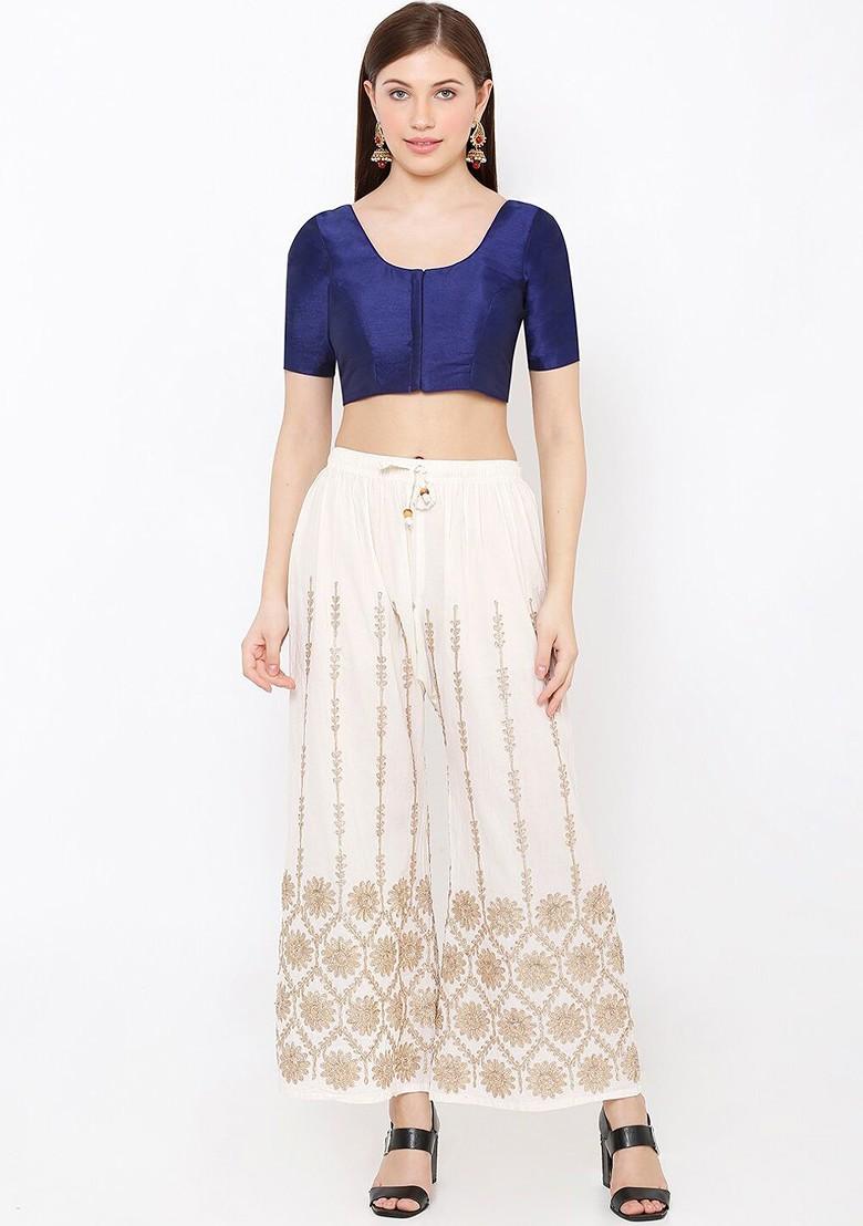 Women Navy Blue Solid Readymade Mulberry Silk Saree Blouse