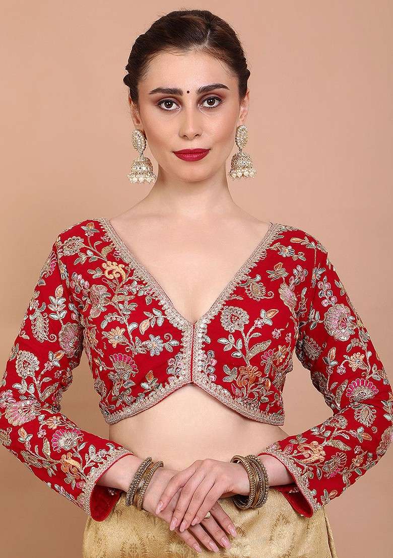Embroidered V Neck Alterable Saree Blouse - Indya
