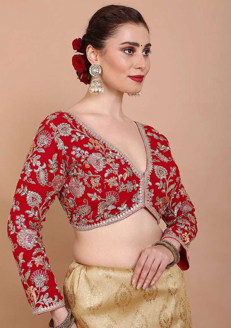 Embroidered V Neck Alterable Saree Blouse - Indya