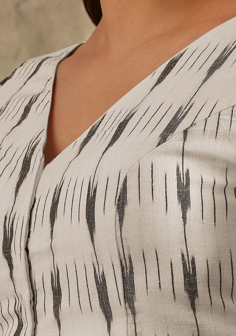 Ikat Printed Cotton V Neck Saree Blouse
