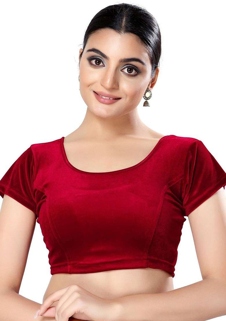 Velvet Round Neck Stretchable Saree Blouse - Indya