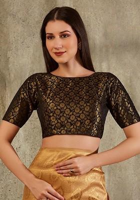 Floral Woven Design Boat Neck Brocade Saree Blouse