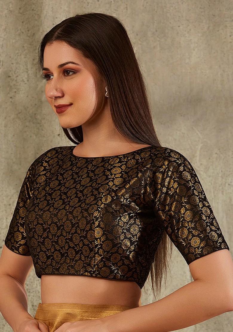 Floral Woven Design Boat Neck Brocade Saree Blouse