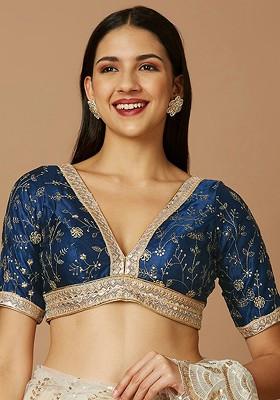 Floral Embroidered V Neck Silk Gotta Patti Saree Blouse