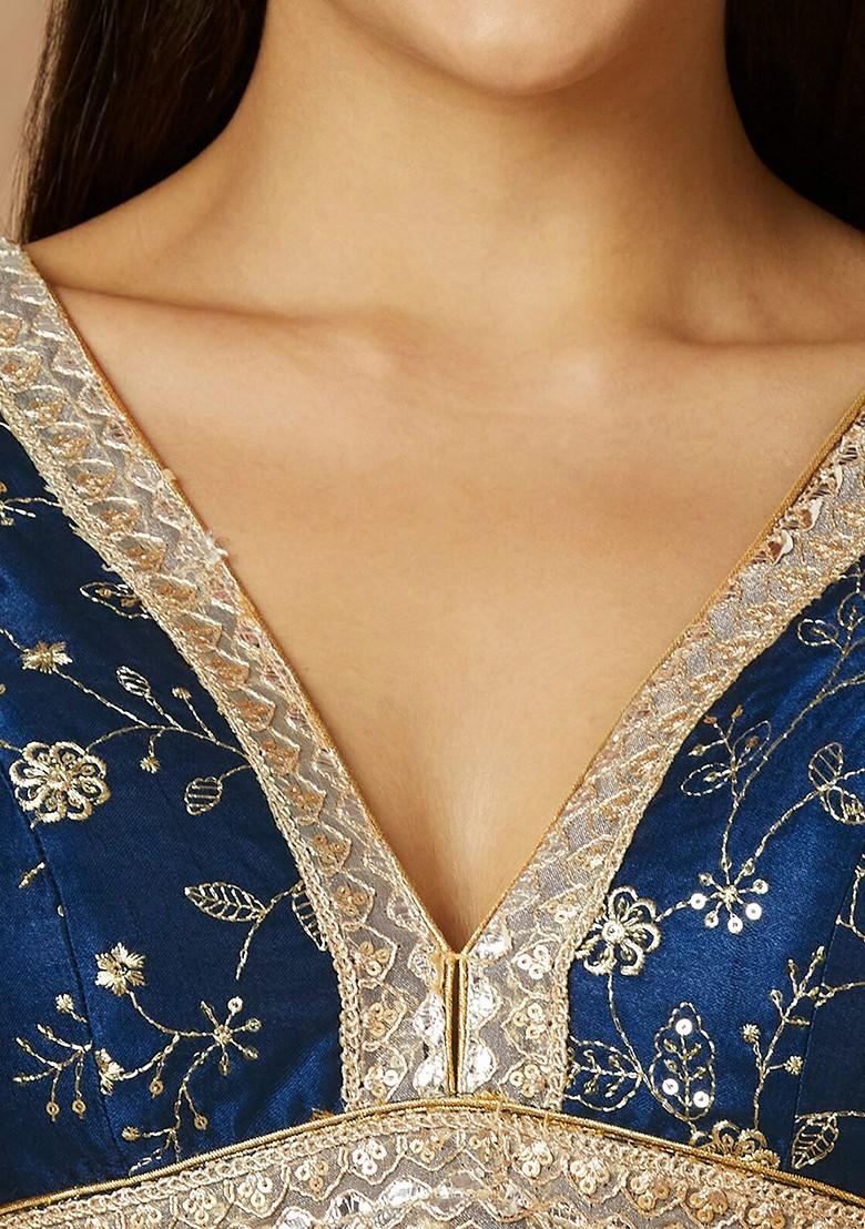 Floral Embroidered V Neck Silk Gotta Patti Saree Blouse