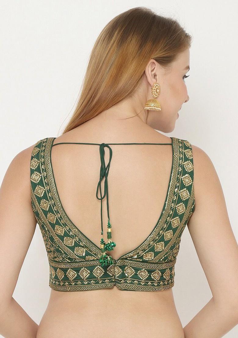 Women Green And Gold Colour Embroidered Padded Saree Blouse
