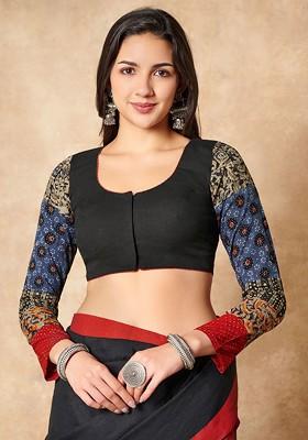 Black Pure Cotton Ajrakh Hand Block Printed Sleeves Readymade Blouse