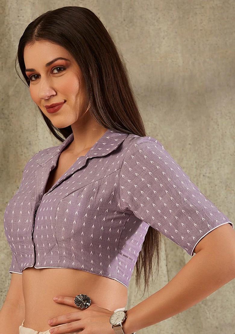 Ikat Printed Lapel Collar Cotton Saree Blouse